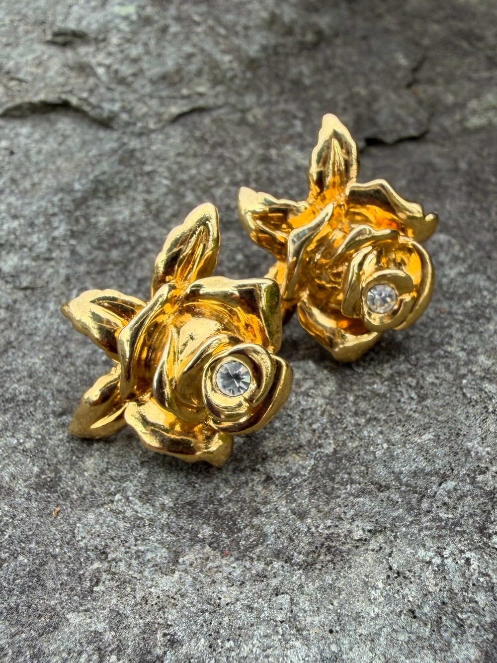 Vintage Avon Gold Rose Stud Clip On Crystal Earrings